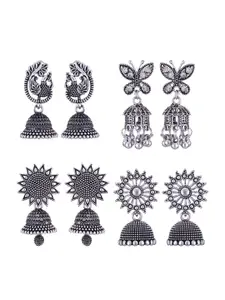 MEENAZ Set Of 4 Silver-Plated Peacock Shaped Jhumkas