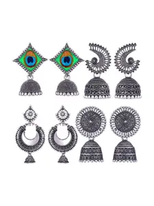 MEENAZ Set Of 4 Silver-Plated Peacock Shaped Jhumkas