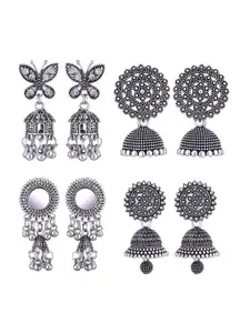 MEENAZ Set of 4 Silver Plated Oxidised Jhumkas