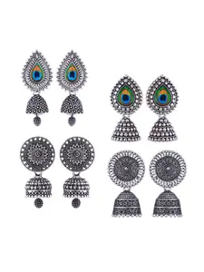 MEENAZ Set Of 4 Silver-Plated Peacock Shaped Jhumkas