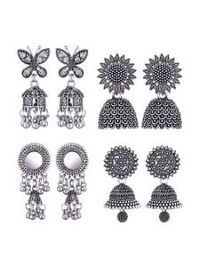 MEENAZ Set Of 4 Stainless Steel Silver-Plated Peacock Shaped Jhumkas Earrings