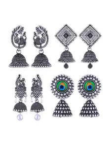 MEENAZ Set Of 4 Silver-Plated Beaded Peacock Shaped Jhumkas
