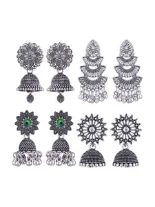 MEENAZ Set Of 4 Silver-Plated Dome Shaped Jhumkas