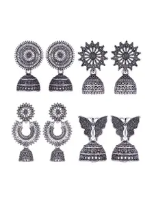 MEENAZ Set Of 4 Silver-Plated Dome Shaped Jhumkas