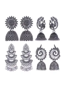 MEENAZ Set Of 4 Silver-Plated Dome Shaped Oxidised Jhumkas