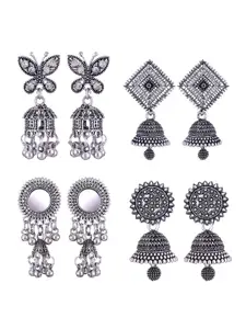 MEENAZ Set Of 4 Stainless Steel Silver-Plated Peacock Shaped Jhumkas Earrings