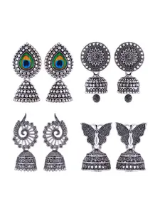 MEENAZ Set Of 4 Silver-Plated Dome Shaped Oxidised Jhumkas