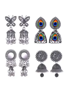 MEENAZ Set Of 4 Stainless Steel Silver-Plated Peacock Shaped Jhumkas Earrings
