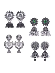 MEENAZ Set Of 4 Silver-Plated Dome Shaped Oxidised Jhumkas