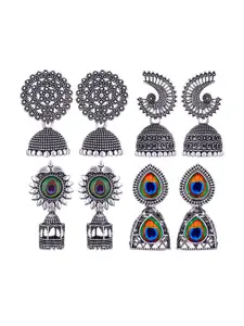 MEENAZ Set Of 4 Silver Plated Oxidised Dome Shaped Jhumkas