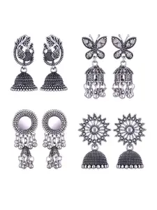 MEENAZ Set Of 4 Silver-Plated Stainless Steel Stones Studded & Beads Beaded Jhumkas