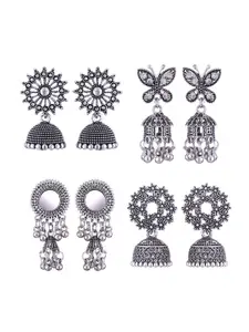 MEENAZ Set Of 4 Stainless Steel Silver Plated Oxidised Dome Shaped Jhumkas