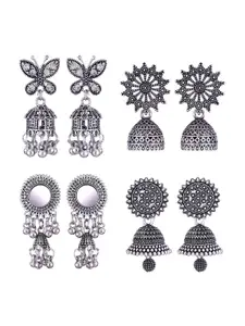 MEENAZ Set Of 4 Silver-Plated Stainless Steel Stones Studded & Beads Beaded Jhumkas