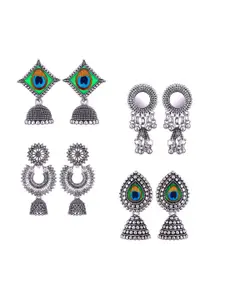 MEENAZ Set Of 4 Stainless Steel Silver Plated Oxidised Dome Shaped Jhumkas