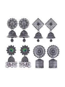 MEENAZ Set Of 4 Stainless Steel Silver Plated Oxidised Dome Shaped Jhumkas