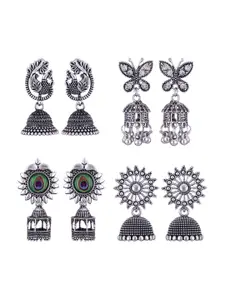 MEENAZ Set Of 4 Silver Plated Peacock Shaped Jhumkas Earrings