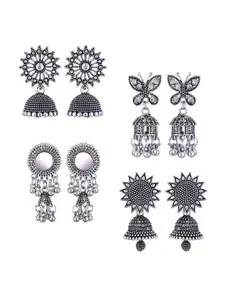 MEENAZ Set Of 4 Silver Plated Peacock Shaped Jhumkas Earrings