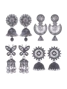 MEENAZ Set Of 4 Silver-Plated Stainless Steel Stones Studded & Beads Beaded Jhumkas