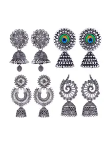 MEENAZ Set Of 4 Silver-Plated Stainless Steel Peacock Shaped Enamelled Jhumkas