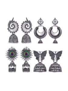 MEENAZ Set Of 4 Silver-Plated Stainless Steel Peacock Shaped Enamelled Jhumkas