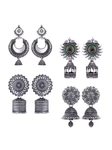 MEENAZ Set Of 4 Silver Plated Peacock Shaped Jhumkas Earrings