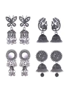 MEENAZ Set Of 4 Silver-Plated Oxidised Jhumkas
