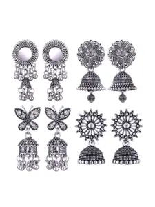 MEENAZ Set Of 4 Silver-Plated Stainless Steel Peacock Shaped Jhumkas