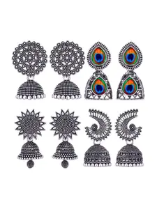 MEENAZ Set Of 4 Silver-Plated Oxidised Peacock Shaped Jhumkas