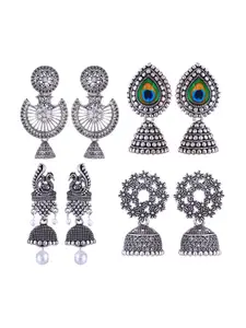 MEENAZ Set Of 4 Silver-Plated Oxidised Peacock Shaped Jhumkas