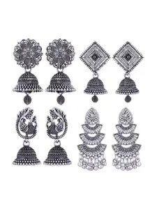 MEENAZ Set Of 4 Silver-Plated Oxidised Jhumkas