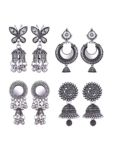 MEENAZ Set Of 4 Silver-Plated Oxidised Peacock Shaped Jhumkas