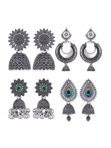 MEENAZ Set Of 4 Silver-Plated Oxidised Peacock Shaped Jhumkas