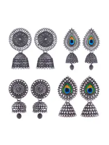 MEENAZ Set Of 4 Silver-Plated Oxidised Peacock Shaped Jhumkas