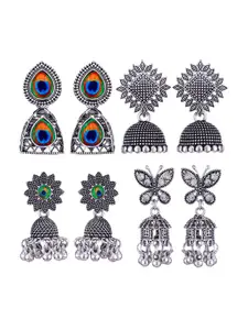 MEENAZ Set Of 4 Silver-Plated Oxidised Jhumkas