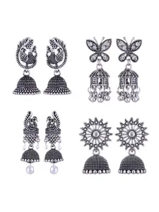 MEENAZ Set Of 4 Silver-Plated Stainless Steel Studded & Beaded Peacock Shaped Jhumkas