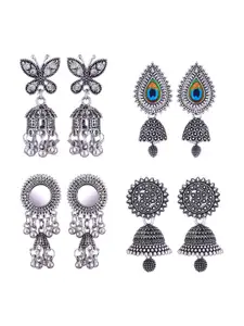 MEENAZ Set Of 4 Silver-Plated Stainless Steel Studded & Beaded Peacock Shaped Jhumkas