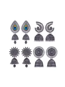 MEENAZ Set Of 4 Silver-Plated Stainless Steel Studded & Beaded Peacock Shaped Jhumkas
