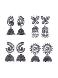 MEENAZ Set Of 4 Silver-Plated Stainless Steel Studded & Beaded Peacock Shaped Jhumkas