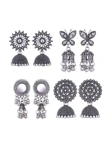 MEENAZ Set Of 4 Stone-Studded Dome-Shaped Silver-Plated Jhumkas