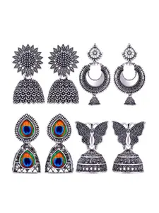 MEENAZ Set Of 4 Peacock Shaped Oxidised Classic Jhumkas Earrings