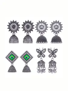 MEENAZ Set Of 4 Dome-Shaped Silver-Plated Jhumkas