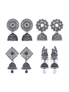 MEENAZ Set Of 4 Peacock Shaped Silver-Plated Jhumkas