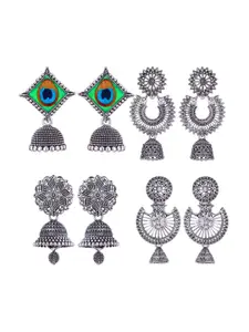 MEENAZ Set Of 4 Peacock Shaped Oxidised Classic Jhumkas Earrings