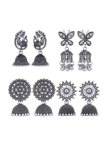 MEENAZ Set Of 4 Silver Plated Stone Studded & Beaded Oxidised Peacock Shaped Jhumkas