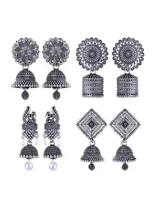 MEENAZ Set Of 4 Peacock Shaped Silver-Plated Jhumkas