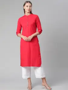 KALINI Mandarin Collar Roll-Up Sleeves Cotton Kurta