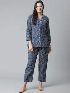 KALINI Printed Lapel Collar Pure Cotton Shirt & Lounge Pant