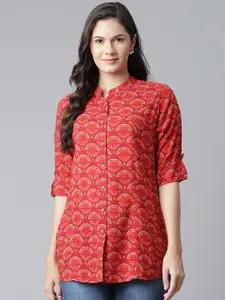 KALINI Ethnic Motifs Printed Mandarin Collar Roll-Up Sleeves Longline Shirt Style Top