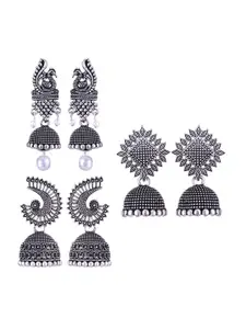 MEENAZ Set Of 3 Silver-Plated Oxidised Peacock Shaped Jhumkas