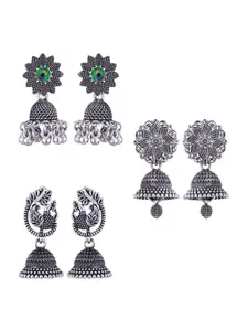 MEENAZ Set Of 3 Silver-Plated Peacock Shaped Jhumkas
